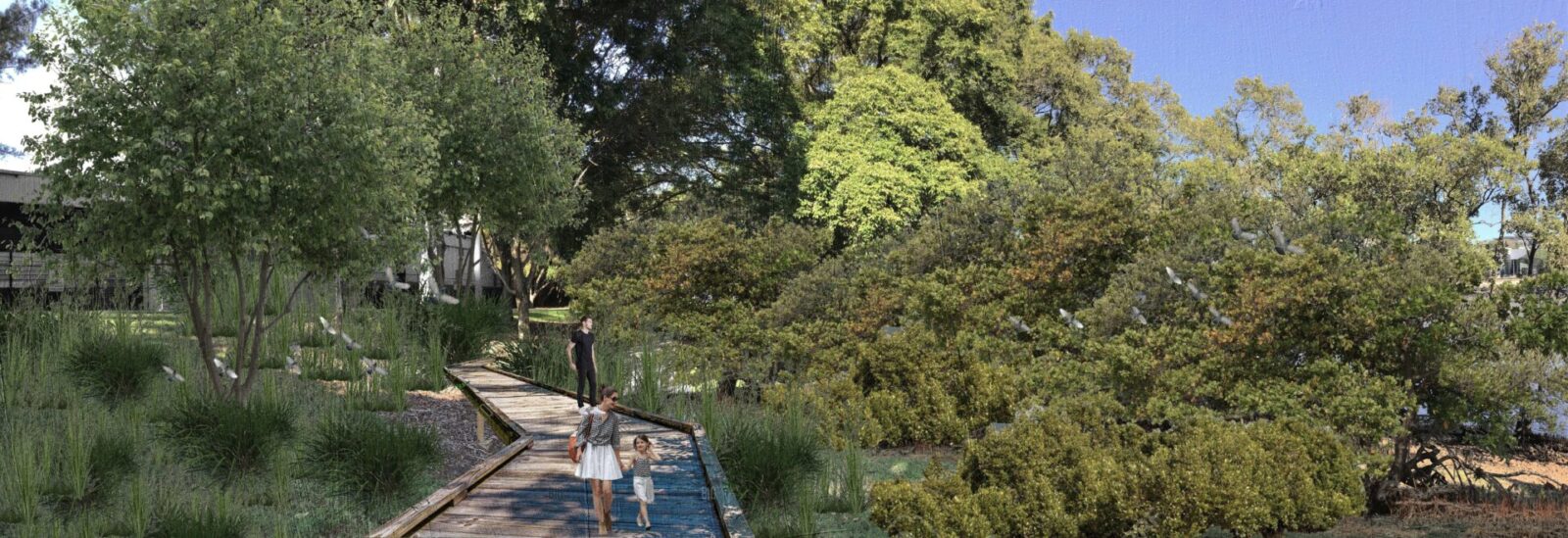 Photographic Almanac 2: The promenade
Demolish the hard concrete river edge and recreate a gentle natural slope to restore freshwater habitat by planting mangroves and other wetland plants. Build up a promenade in the middle to create a beautiful walkway, immersing people inside of nature, river, and surrounding urban setting.